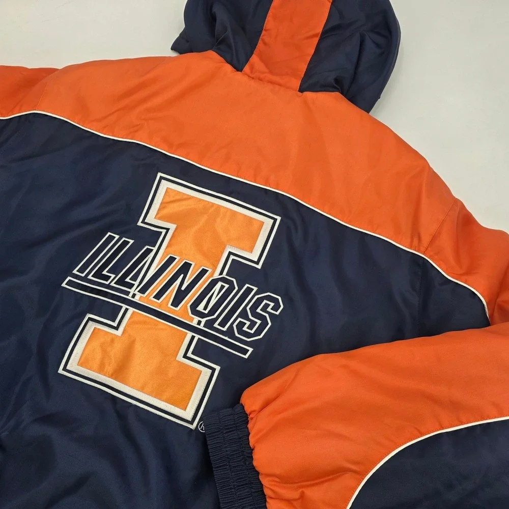 VINTAGE 90S ILLINOIS FIGHTING ILLINI PUFFER JACKET MENS LARGE BLUE ORANGE NEW!!